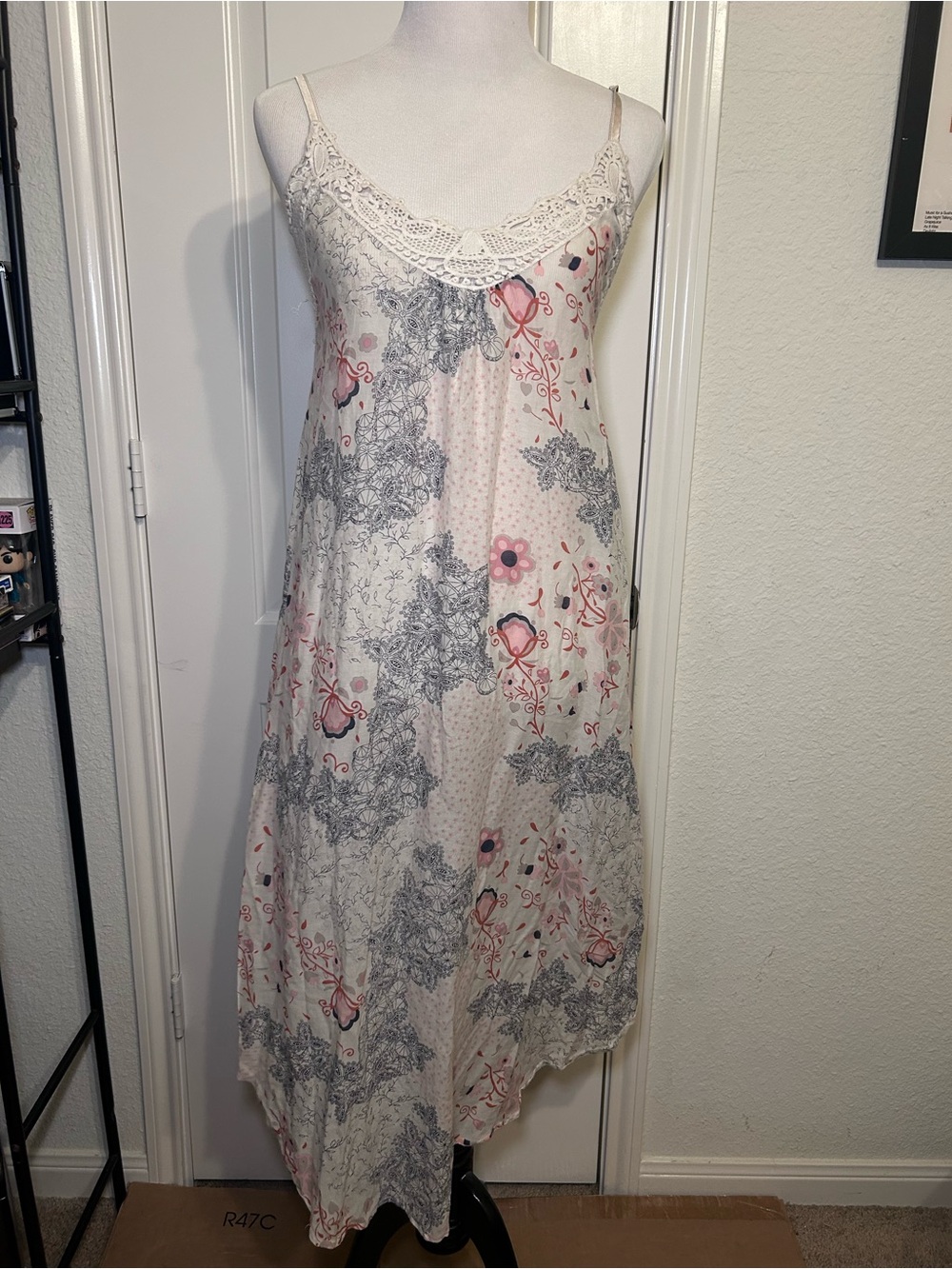 Papinelle Lace-Trim Cream Floral Slip Dress Nightgown with Pink & Gray Accents